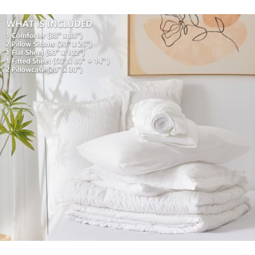 CozyLux Queen Bed in a Bag White Seersucker Comforter Set with Sheets 7-Pieces All Season Bedding Sets with Comforter, Pillow Sham, Flat Sheet, Fitted Sheet and Pillowcase
