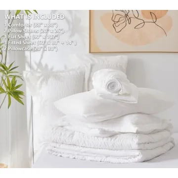 CozyLux Queen Bed in a Bag White Seersucker Comforter Set with Sheets 7-Pieces All Season Bedding Sets with Comforter, Pillow Sham, Flat Sheet, Fitted Sheet and Pillowcase