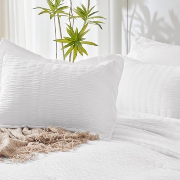 CozyLux Queen Bed in a Bag White Seersucker Comforter Set with Sheets 7-Pieces All Season Bedding Sets with Comforter, Pillow Sham, Flat Sheet, Fitted Sheet and Pillowcase