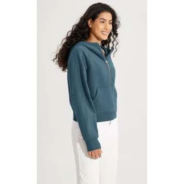 ODODOS Half-Zip Hoodies for Women Fleece Lined Cropped Sweatshirts Pullover Long Sleeve Sweater Thumb Hole, Ink Blue, Medium