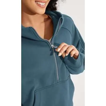 ODODOS Half-Zip Hoodies for Women Fleece Lined Cropped Sweatshirts Pullover Long Sleeve Sweater Thumb Hole, Ink Blue, Medium