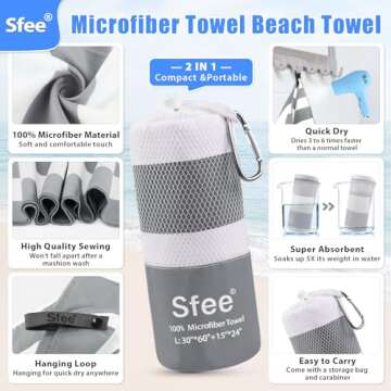 Sfee 2 in 1 Microfiber Beach Towel, Quick Dry Towel Camping Towel Travel Towel Super Absorbent Compa...