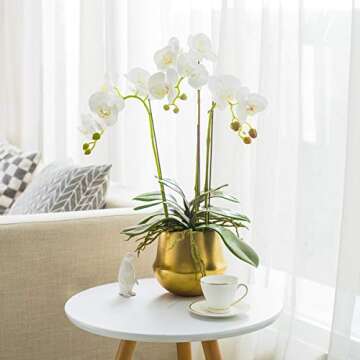 Fudostar Artificial Silk Moth Orchid Flowers Potting in Matte Gold Ceramic Vase, 22'' High, Real Touch Natural Looking Phalaenopsis Flowers and Greens, Centerpiece Decor (Arc-Shaped White)