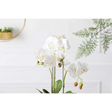 Fudostar Artificial Silk Moth Orchid Flowers Potting in Matte Gold Ceramic Vase, 22'' High, Real Touch Natural Looking Phalaenopsis Flowers and Greens, Centerpiece Decor (Arc-Shaped White)