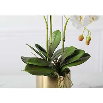 Fudostar Artificial Silk Moth Orchid Flowers Potting in Matte Gold Ceramic Vase, 22'' High, Real Touch Natural Looking Phalaenopsis Flowers and Greens, Centerpiece Decor (Arc-Shaped White)