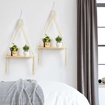 Macrame Wall Hanging Shelves Set of 2,Boho Wooden Display Floating Shelves for Wall Decor with Handm...