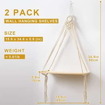 Macrame Wall Hanging Shelves Set of 2,Boho Wooden Display Floating Shelves for Wall Decor with Handmade Woven Rope,Farmhouse Rustic Plant Shelf for Bedroom Living Room Bathroom Dorm Nursery