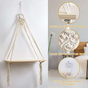 Macrame Wall Hanging Shelves Set of 2,Boho Wooden Display Floating Shelves for Wall Decor with Handmade Woven Rope,Farmhouse Rustic Plant Shelf for Bedroom Living Room Bathroom Dorm Nursery