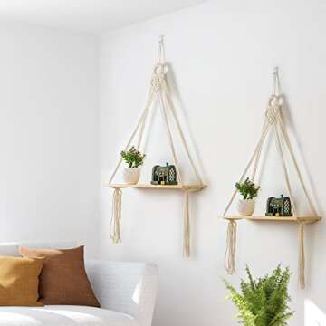 Macrame Wall Hanging Shelves Set of 2,Boho Wooden Display Floating Shelves for Wall Decor with Handmade Woven Rope,Farmhouse Rustic Plant Shelf for Bedroom Living Room Bathroom Dorm Nursery