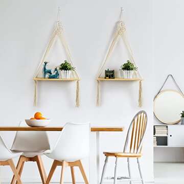 Macrame Wall Hanging Shelves Set of 2,Boho Wooden Display Floating Shelves for Wall Decor with Handmade Woven Rope,Farmhouse Rustic Plant Shelf for Bedroom Living Room Bathroom Dorm Nursery