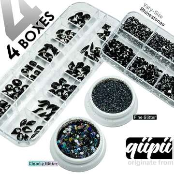 4 Boxes Black Nail Rhinestones Nail Glitters Kit, 24 Shapes K9 Glass Jet Black Gems Flatback Round G...