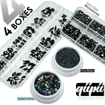 4 Boxes Black Nail Rhinestones Nail Glitters Kit, 24 Shapes K9 Glass Jet Black Gems Flatback Round G...