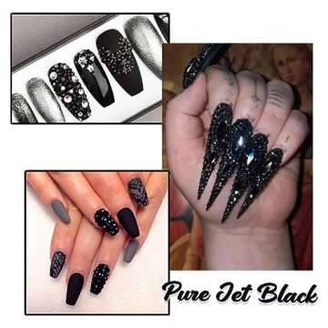 4 Boxes Black Nail Rhinestones Nail Glitters Kit, 24 Shapes K9 Glass Jet Black Gems Flatback Round Gems Stones Diamonds Crystals Nail Art Supplies Nail Charms for Acrylic Nails Faces Body DIY Crafts