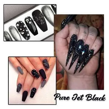 4 Boxes Black Nail Rhinestones Nail Glitters Kit, 24 Shapes K9 Glass Jet Black Gems Flatback Round Gems Stones Diamonds Crystals Nail Art Supplies Nail Charms for Acrylic Nails Faces Body DIY Crafts