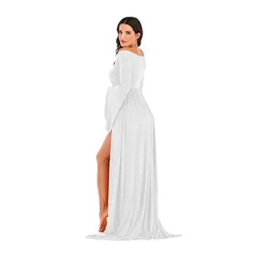 ZIUMUDY Maternity Off Shoulder Wraped Flare Sleeves Maxi Photography Dress Baby Shower Dress (Small, White)