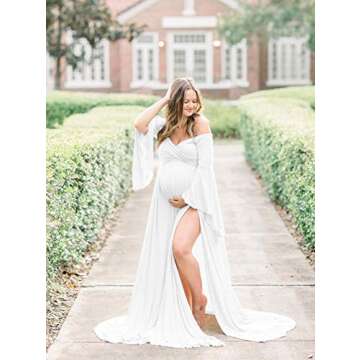 ZIUMUDY Maternity Off Shoulder Wraped Flare Sleeves Maxi Photography Dress Baby Shower Dress (Small, White)