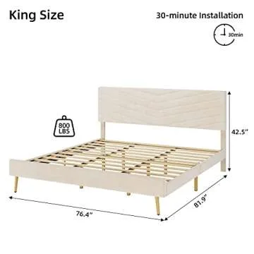 IDEALHOUSE King Size Bed Frame, Velvet Upholstered Platform Bed with Adjustable Headboard, Solid Woo...