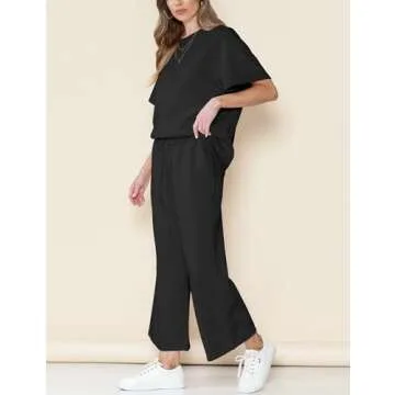 Wyeysyt Women's 2 Piece Outfits Sweatsuit 3/4 Batwing Sleeve Pullover Top Wide Leg Pant 2024 Lounge Sets Tracksuits(Black-S)