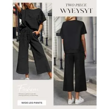 Wyeysyt Women's 2 Piece Outfits Sweatsuit 3/4 Batwing Sleeve Pullover Top Wide Leg Pant 2024 Lounge Sets Tracksuits(Black-S)