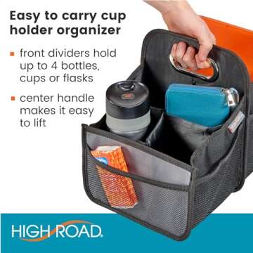 High Road Car Caddy with Cup Holders - Front Seat Organizer for Drivers or Back Seat Organizer for Kids - Portable Car Organizer with Easy One-Handed Carry Handle