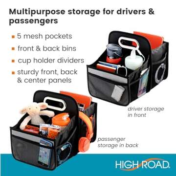 High Road Car Caddy with Cup Holders - Front Seat Organizer for Drivers or Back Seat Organizer for Kids - Portable Car Organizer with Easy One-Handed Carry Handle