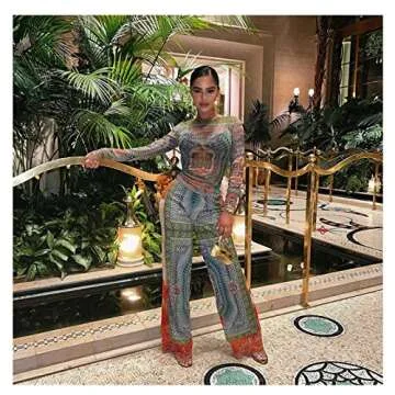 sedmoda Women Sexy Mesh Two Piece Outfits Print See Through Long Sleeve Top High Waist Loose Long Pa...