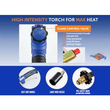 Flame King Propane Torch Kit Heavy Duty Weed Burner, 340,000 BTU with Piezo Igniter (Self Igniting), with 6 ft Hose Regulator Assembly