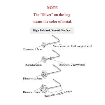 FANSING 4pcs 22g Nose Rings Studs with Cubic Zirconia for Women