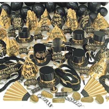 Ultimate 2025 New Years Eve Party Supplies for 100 I 352 Pcs I Black & Gold Accessories