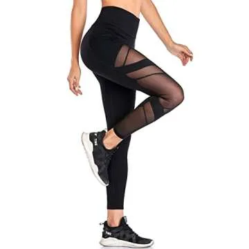 WE CUFFLLE Women's Mesh High Waist Leggings Yoga Pants with Pockets Tummy Control 4 Way Stretch Workout Yoga Leggings Black