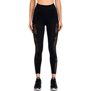 WE CUFFLLE Women's Mesh High Waist Leggings Yoga Pants with Pockets Tummy Control 4 Way Stretch Workout Yoga Leggings Black
