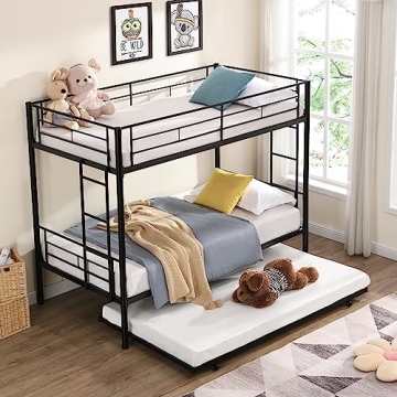 EMKK Twin Over Twin Bunk Bed with Trundle for Boys/Girls/Teens/Kids Bedroom, Metal Bedframe w/Guardr...