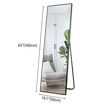 LVSOMT Full Length Mirror, Floor Mirror with Stand, Wall Mounted Full Body Mirror, Free Standing Mirror, Large Stand Up Mirror for Bedroom Living Room Locker Room, 63"x20" (Black)