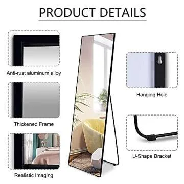 LVSOMT Full Length Mirror, Floor Mirror with Stand, Wall Mounted Full Body Mirror, Free Standing Mirror, Large Stand Up Mirror for Bedroom Living Room Locker Room, 63"x20" (Black)