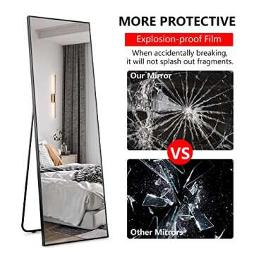 LVSOMT Full Length Mirror, Floor Mirror with Stand, Wall Mounted Full Body Mirror, Free Standing Mirror, Large Stand Up Mirror for Bedroom Living Room Locker Room, 63"x20" (Black)