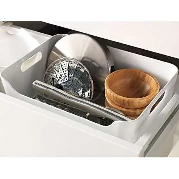 Pantry Organization And Storage Baskets, Open Storage Box Under Sink Organizers,Kitchen Cabinet and Pantry Storage Organizer Bin - two cut-out handles that make 9.4 x 6.7 x 4.3 Inches (White)