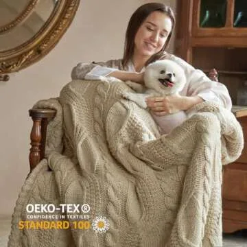 Amélie Home Reversible Sherpa Cable Knit Throw Blanket Soft Cozy Warm Winter Fleece Throw Blankets for Couch Bed Living Room, Beige, 50x70