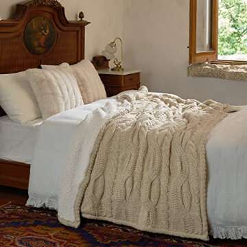 Amélie Home Reversible Sherpa Cable Knit Throw Blanket Soft Cozy Warm Winter Fleece Throw Blankets for Couch Bed Living Room, Beige, 50x70