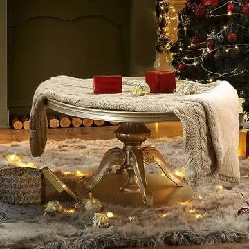 Amélie Home Reversible Sherpa Cable Knit Throw Blanket Soft Cozy Warm Winter Fleece Throw Blankets for Couch Bed Living Room, Beige, 50x70