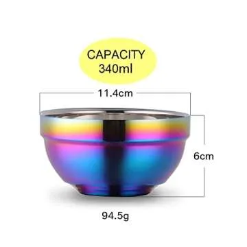 dongbo Stainless Steel Cereal Bowls: Metal Soup Bowl Sets of 6 - Double Walled Insulated Large Serving Rice Bowl - Unbreakable Deep Bowls for kitchen 340 ml Appr. Rainbow