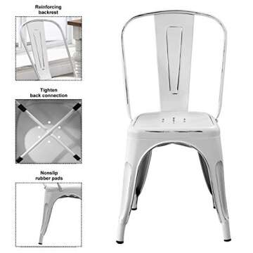 Bonzy Home Metal Dining Chairs Distressed Style, Stackable Side Chairs with Back, Indoor Outdoor Use Chair for Farmhouse, Patio, Restaurant, Kitchen, Set of 4(Distressed White)