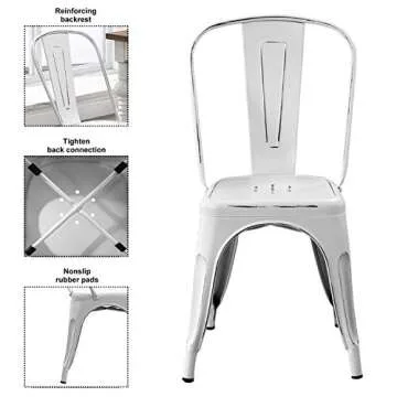 Bonzy Home Metal Dining Chairs Distressed Style, Stackable Side Chairs with Back, Indoor Outdoor Use Chair for Farmhouse, Patio, Restaurant, Kitchen, Set of 4(Distressed White)