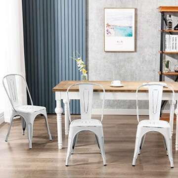 Bonzy Home Metal Dining Chairs Distressed Style, Stackable Side Chairs with Back, Indoor Outdoor Use Chair for Farmhouse, Patio, Restaurant, Kitchen, Set of 4(Distressed White)