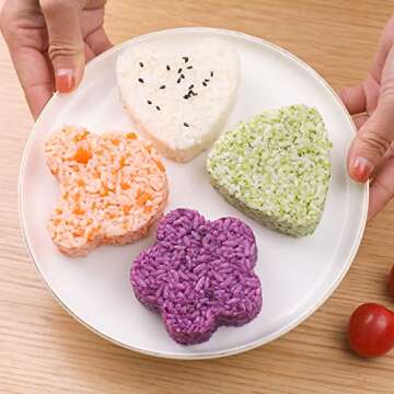AYCCNH Non Stick Onigiri Mold Triangle, Heart, Bear and Plum Blossom Shaped Rice Ball Press Molds, Creative Sushi Rice Making Kit, With Small Rice Paddle (4 Pieces)