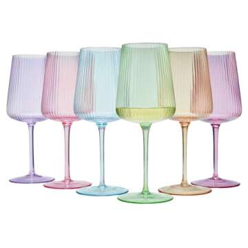 Khen Ripple Bright Colored Wine Glasses - Set of 6 Ribbed Crystal Fluted Drinkware