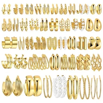 42 Pairs Gold Hoop Earrings Set for Women, Fashion Chunky Pearl Earrings Multipack Twisted Statement...