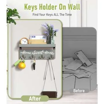 buways Key and Mail Holder Wall-Mounted,Wooden Key Rack Hanger Holder for Wall with 4 Double Key Hooks, Rustic Wall Home Decor for Entryway Living Room (Gray)