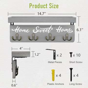 buways Key and Mail Holder Wall-Mounted,Wooden Key Rack Hanger Holder for Wall with 4 Double Key Hooks, Rustic Wall Home Decor for Entryway Living Room (Gray)