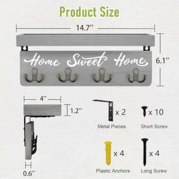 buways Key and Mail Holder Wall-Mounted,Wooden Key Rack Hanger Holder for Wall with 4 Double Key Hooks, Rustic Wall Home Decor for Entryway Living Room (Gray)