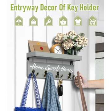 buways Key and Mail Holder Wall-Mounted,Wooden Key Rack Hanger Holder for Wall with 4 Double Key Hooks, Rustic Wall Home Decor for Entryway Living Room (Gray)